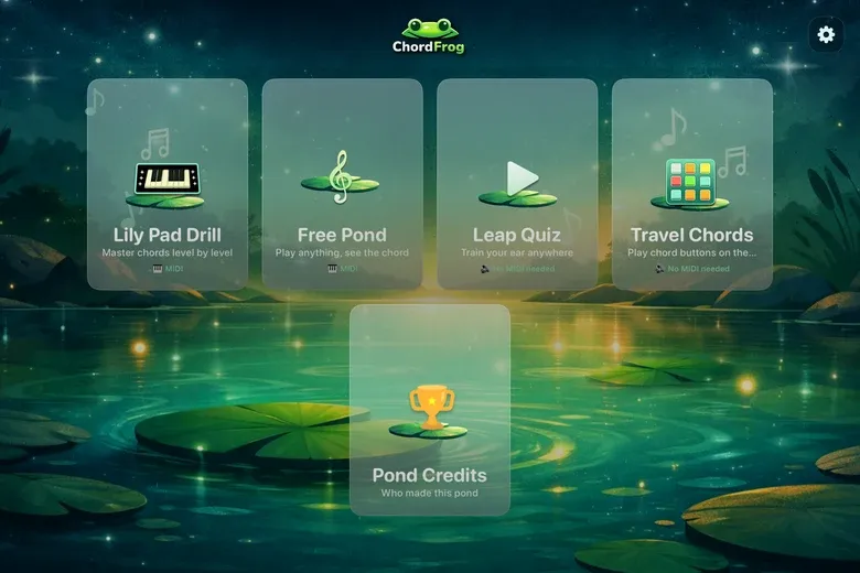 ChordFrog app game menu on iPad mini — landscape orientation showing Lily Pad Drill, Free Pond, Leap Quiz and Travel Chords modes