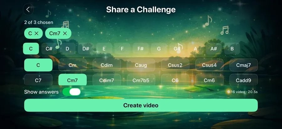 ChordFrog's Share a Challenge screen — two of three chords chosen (C and Cm7), a grid of root notes and chord types, a Show answers toggle, and a Create video button reading 9:16 video, 20.5 seconds