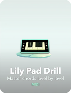 Lily Pad Drill mode — 10-question scored rounds with MIDI keyboard